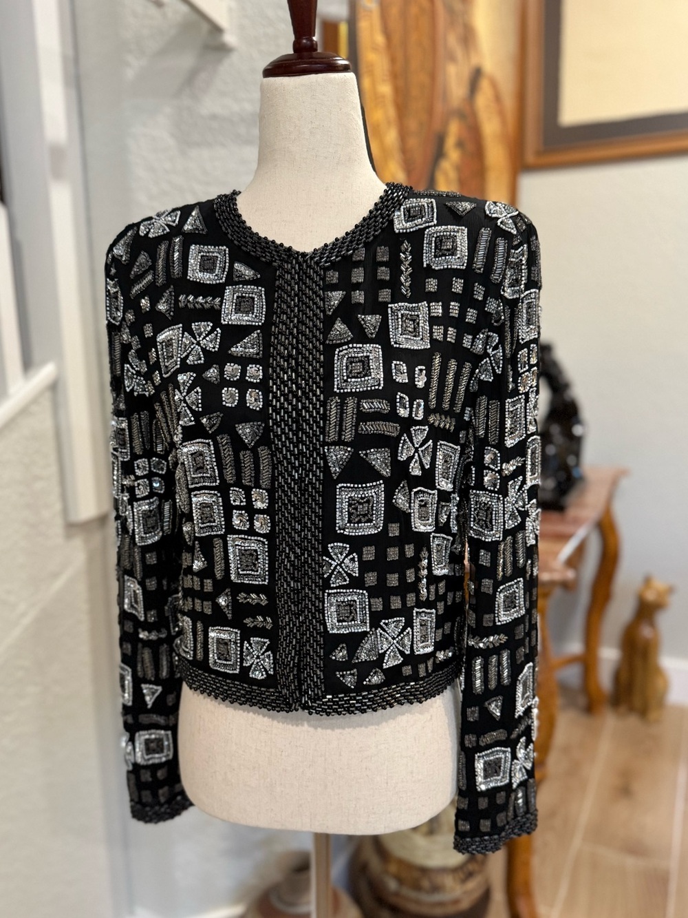 Laurence Kazar Black Jacket with Silver Beaded Geometric Embellishment